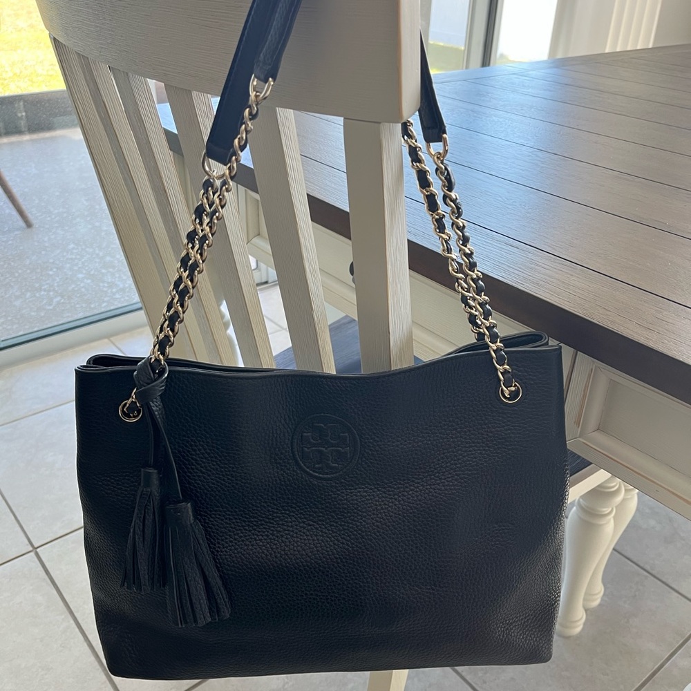 Tory Burch Black Pebbled Leather Chain Slouchy Tote